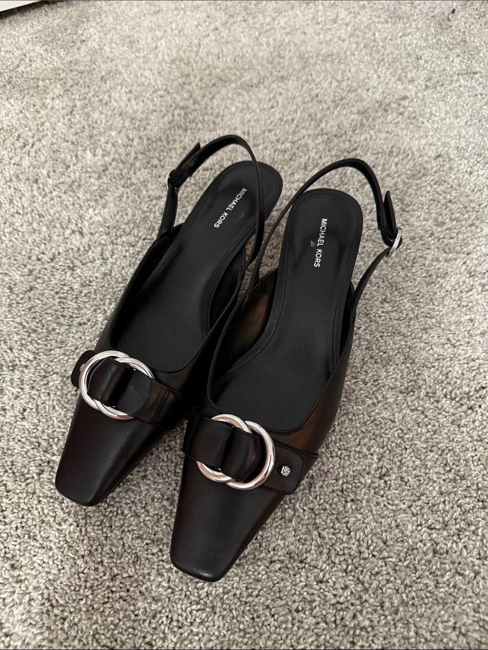 Michael Kors Black Leather Slingback Heels with Silver Ring Detail